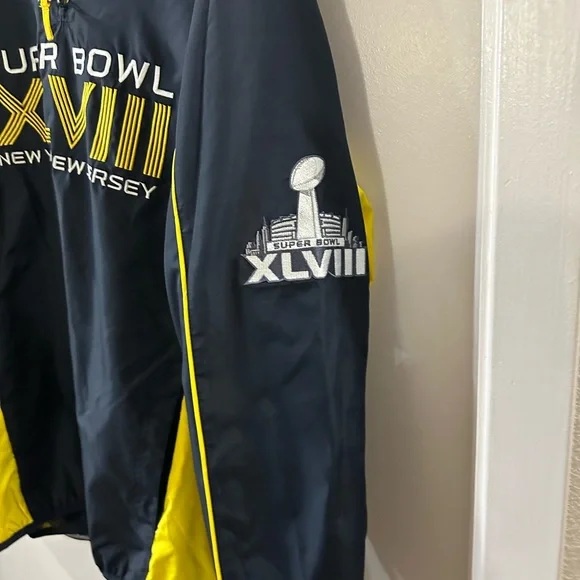NFL Superbowl XLVIII Windbreaker Pullover 1/4 Zip Navy Yellow Pockets Lined Sz L - Picture 2 of 11